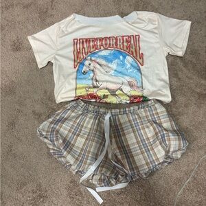 Live For Real Graphic Tee and Plaid Shorts Set